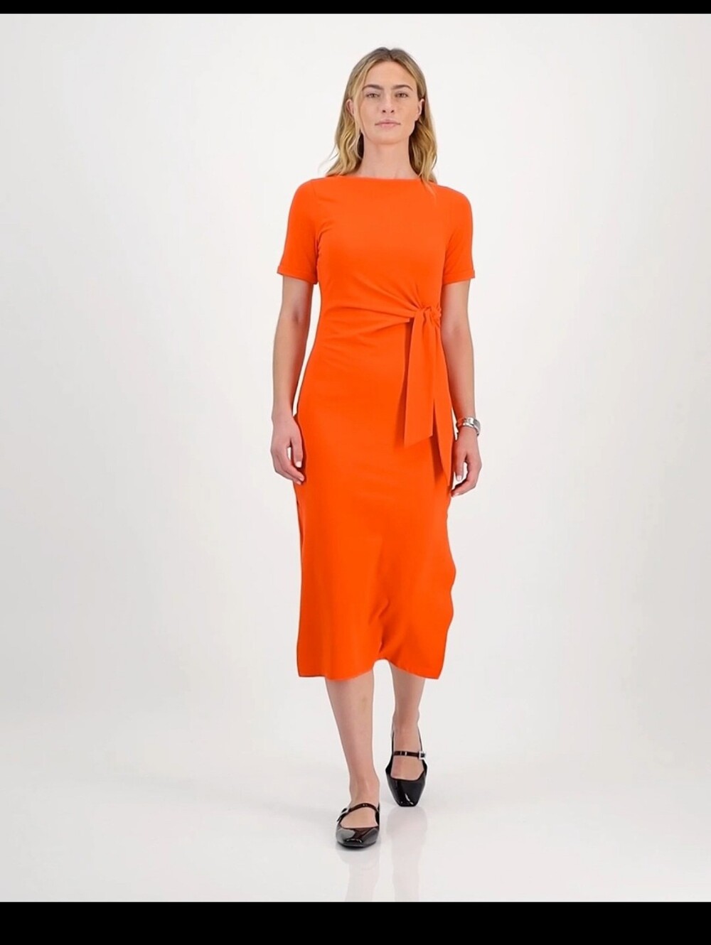 Women's Orange Tie-Sash Midi Dress